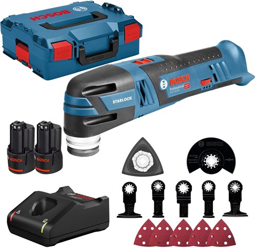 Bosch blauw gop 12v-28 | 12v | li-ion | accu multitool | set | 2x 3.0ah accu | 12 delige accessoireset | l-boxx - 06018b5006