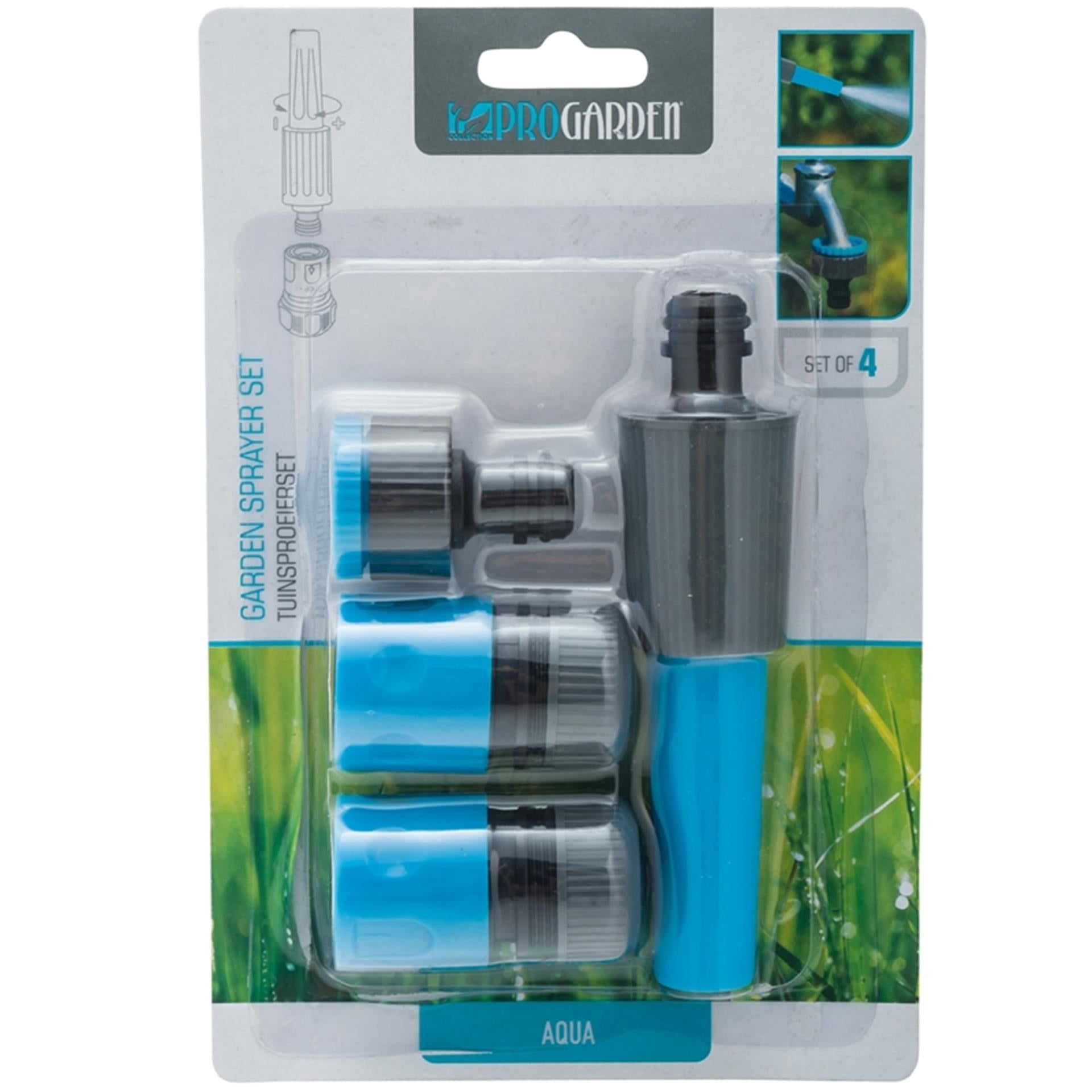 Pro garden tuinsproeierset 4 delig bestaande uit 1 sproeikop 1 kraanaansluiting met schroefdraad en 2 snelkoppelingen waarvan 1 met waterstop. slangkoppeling.