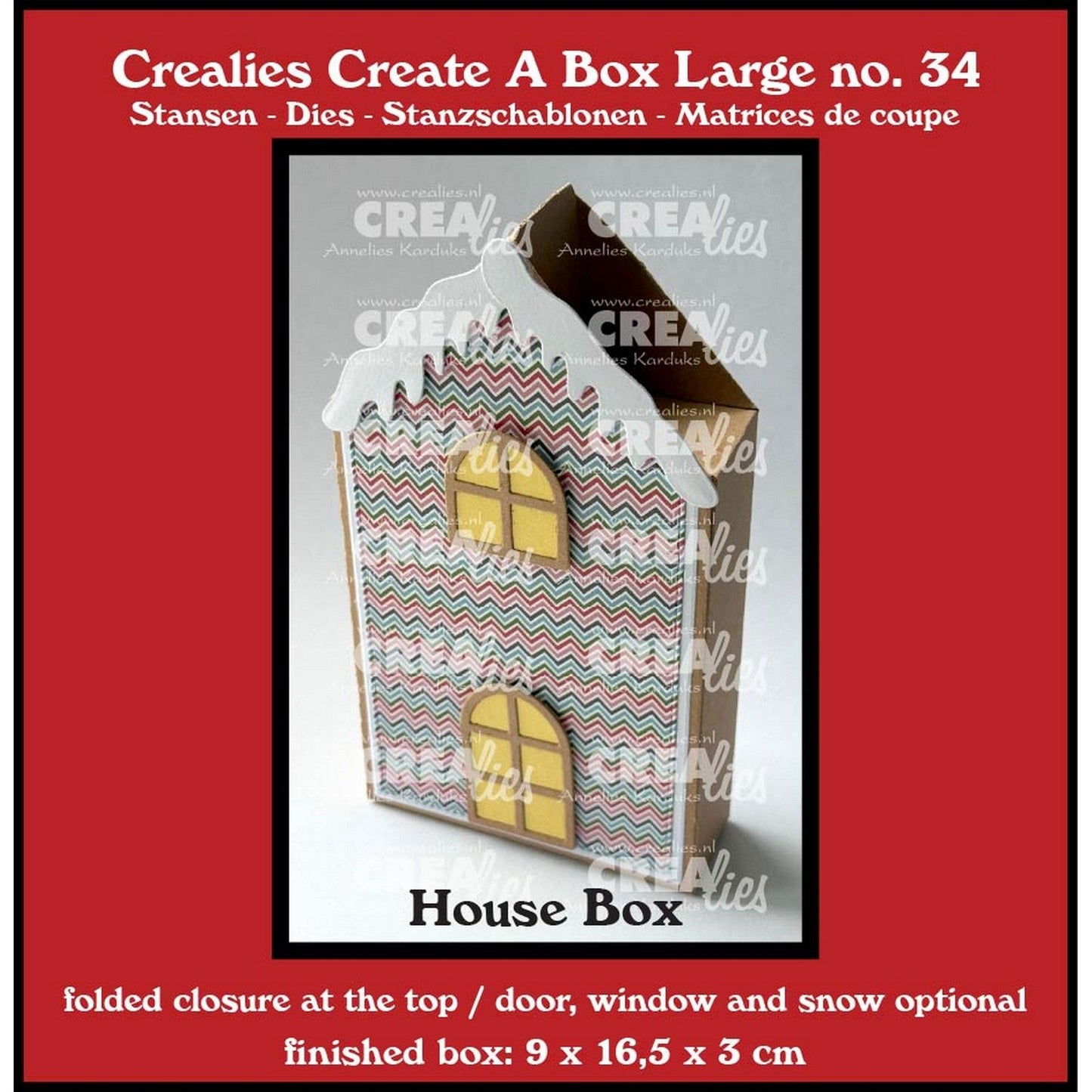 Crealies • create a box groot platte doos huis met deur, raam sneeuw