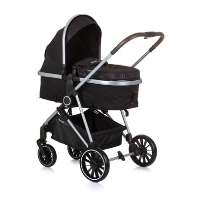 Chipolino aura opvouwbare 3-in-1 kinderwagen met luiertas obsidian zwart zilver