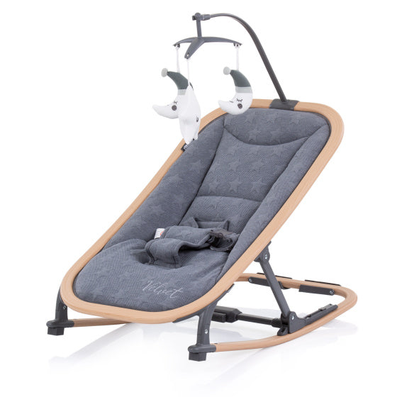 Chipolino velvet opvouwbare wipstoel met mobiel graphite wood grijs beige