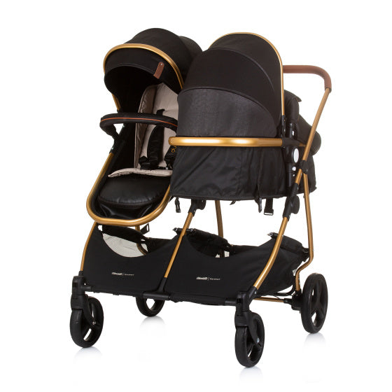 Chipolino duo opvouwbare kinderwagen voor 2 obsidian gold zwart