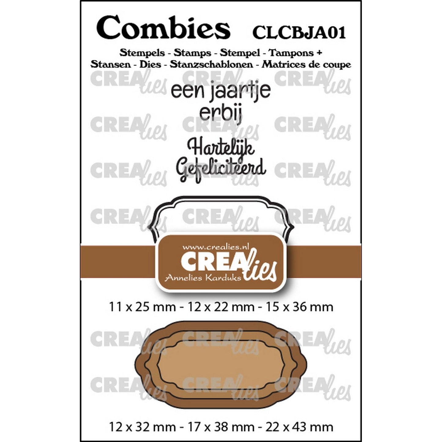 Crealies • combies stempelset jarig 01: 2 teksten + 1 tag label