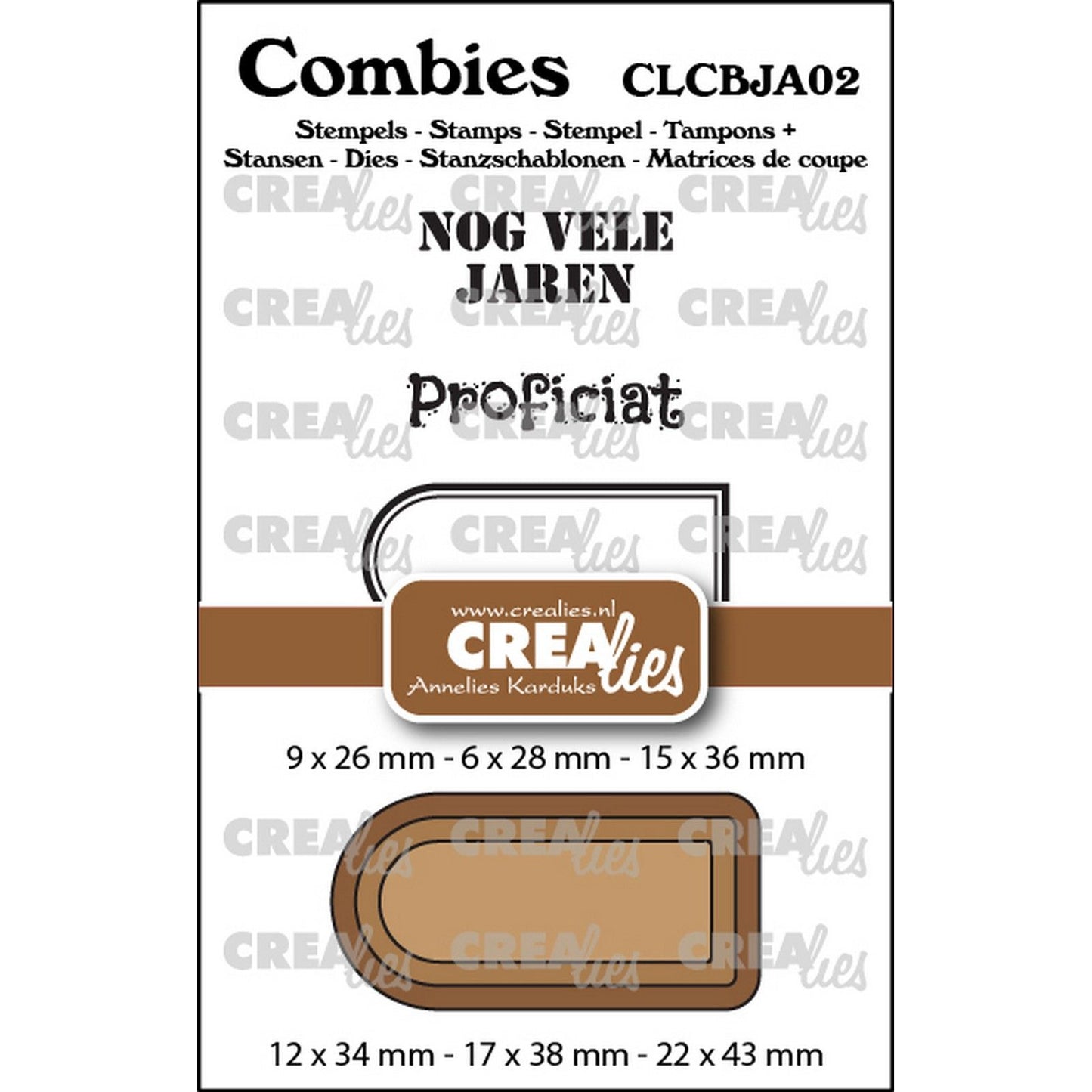 Crealies • combies stempelset jarig 02: 2 teksten + 1 tag label