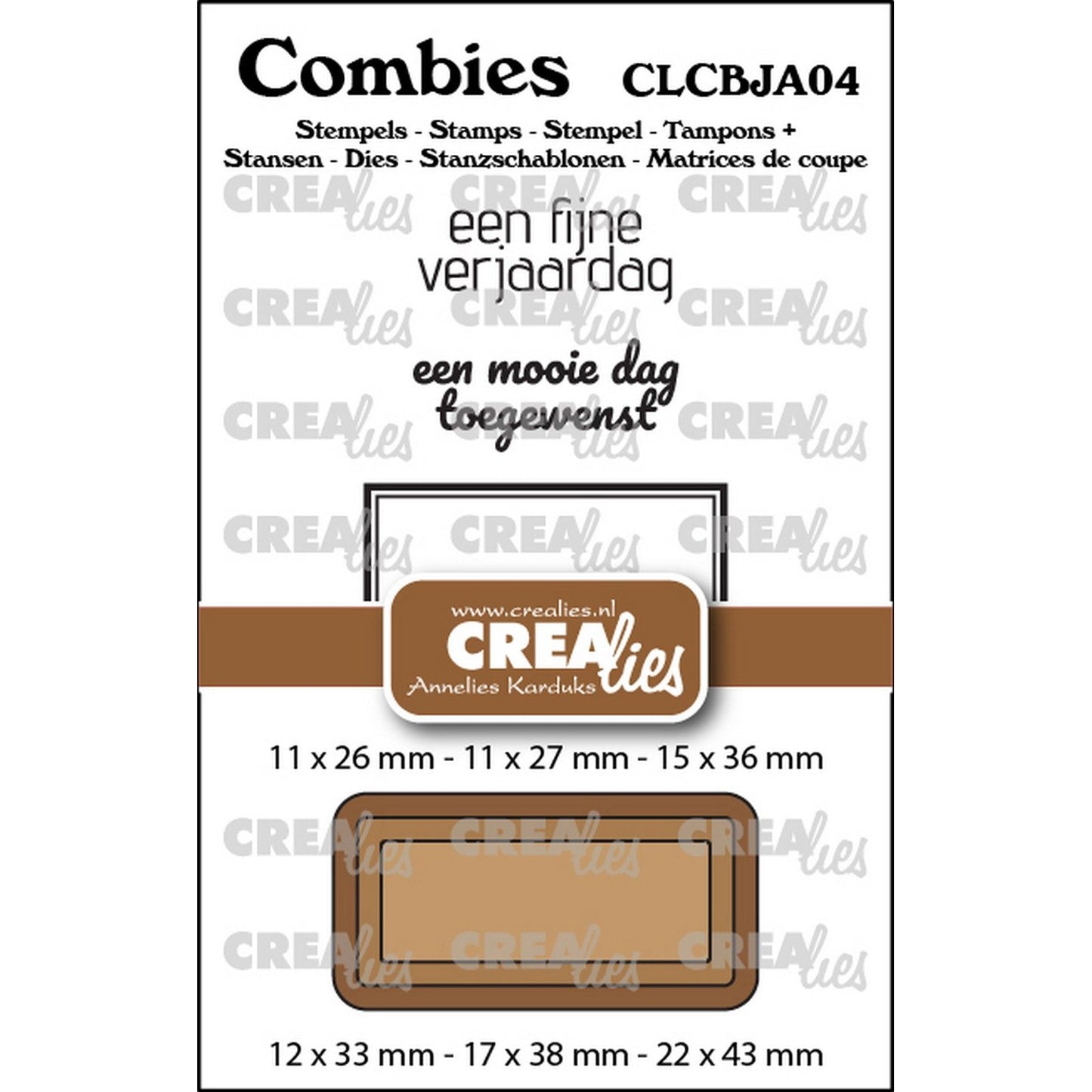 Crealies • combies stempelset jarig 04: 2 teksten + 1 tag label
