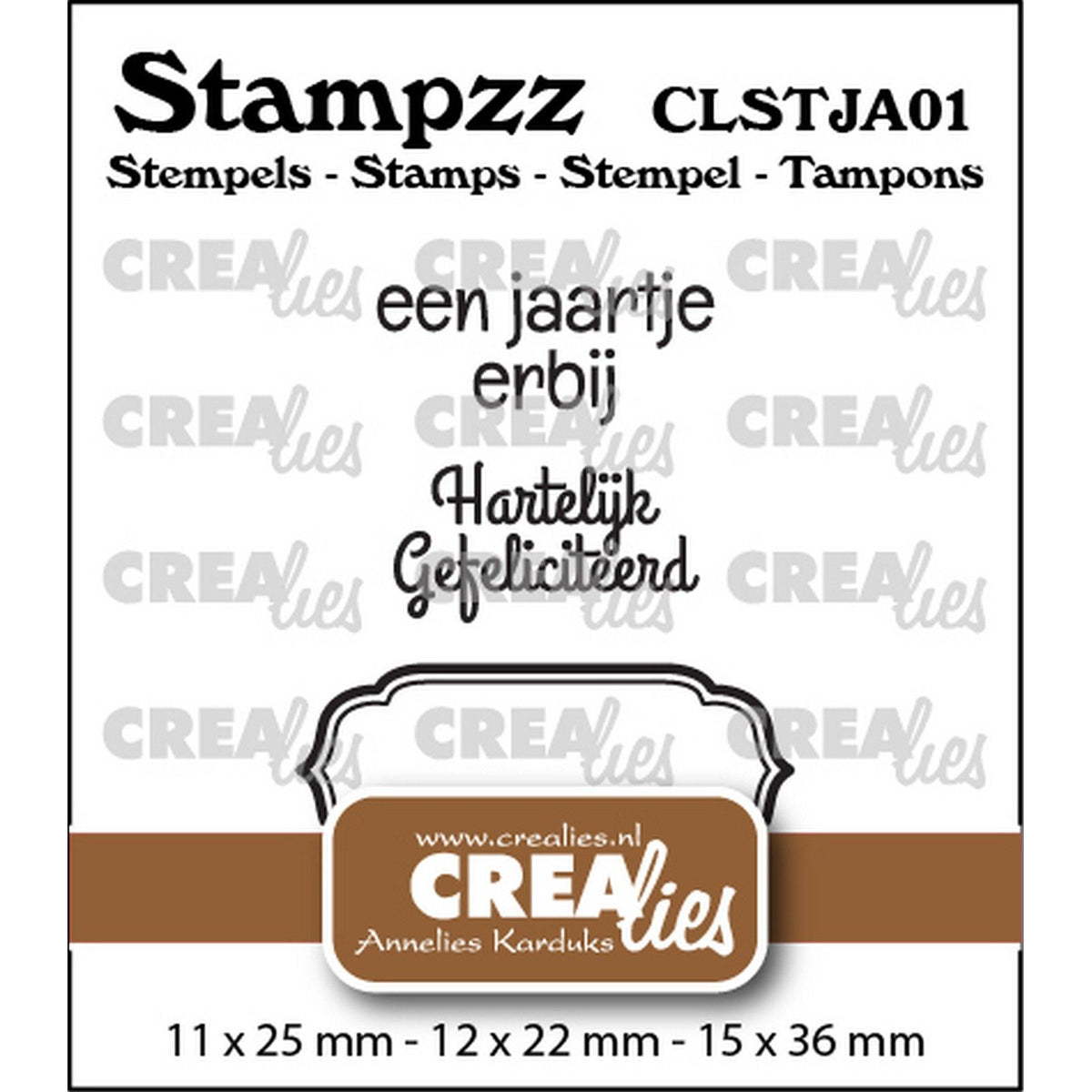 Crealies • stampzz stempelset jarig 01: 2 teksten + 1 tag label