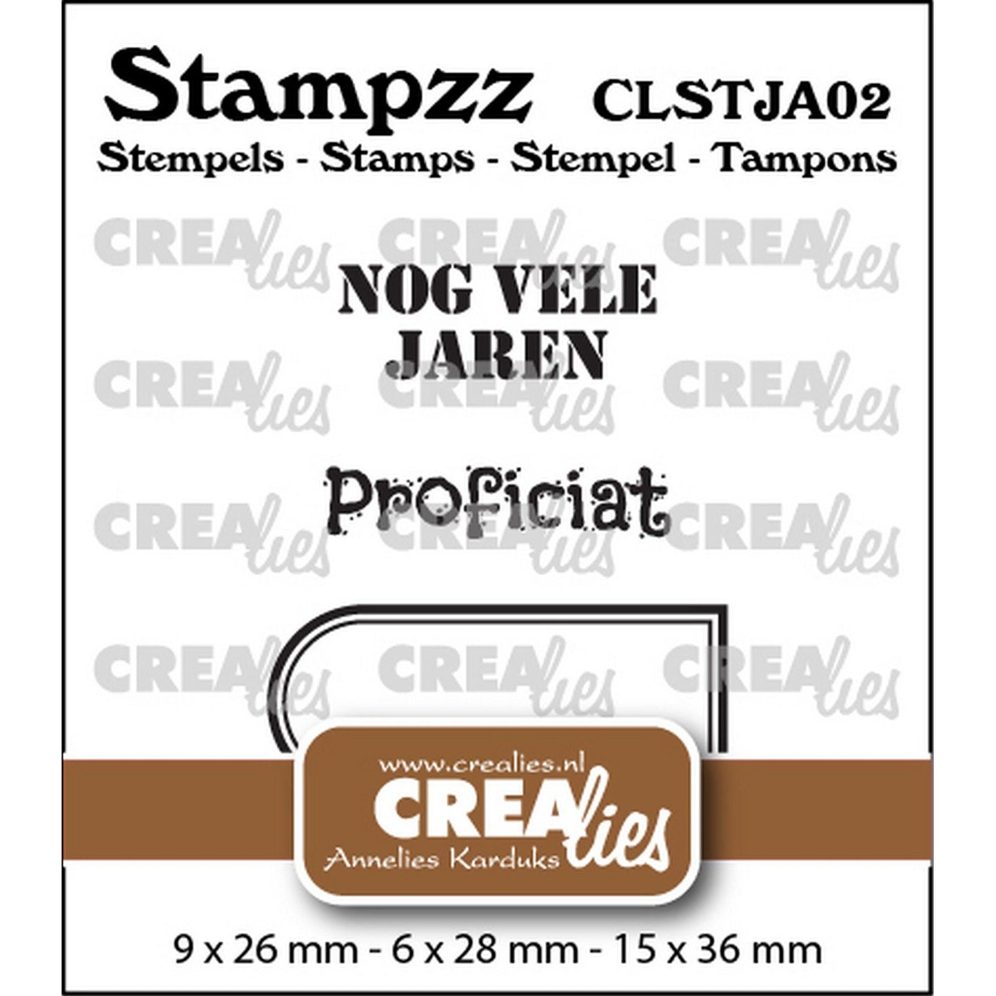 Crealies • stampzz stempelset jarig 02: 2 teksten + 1 tag label