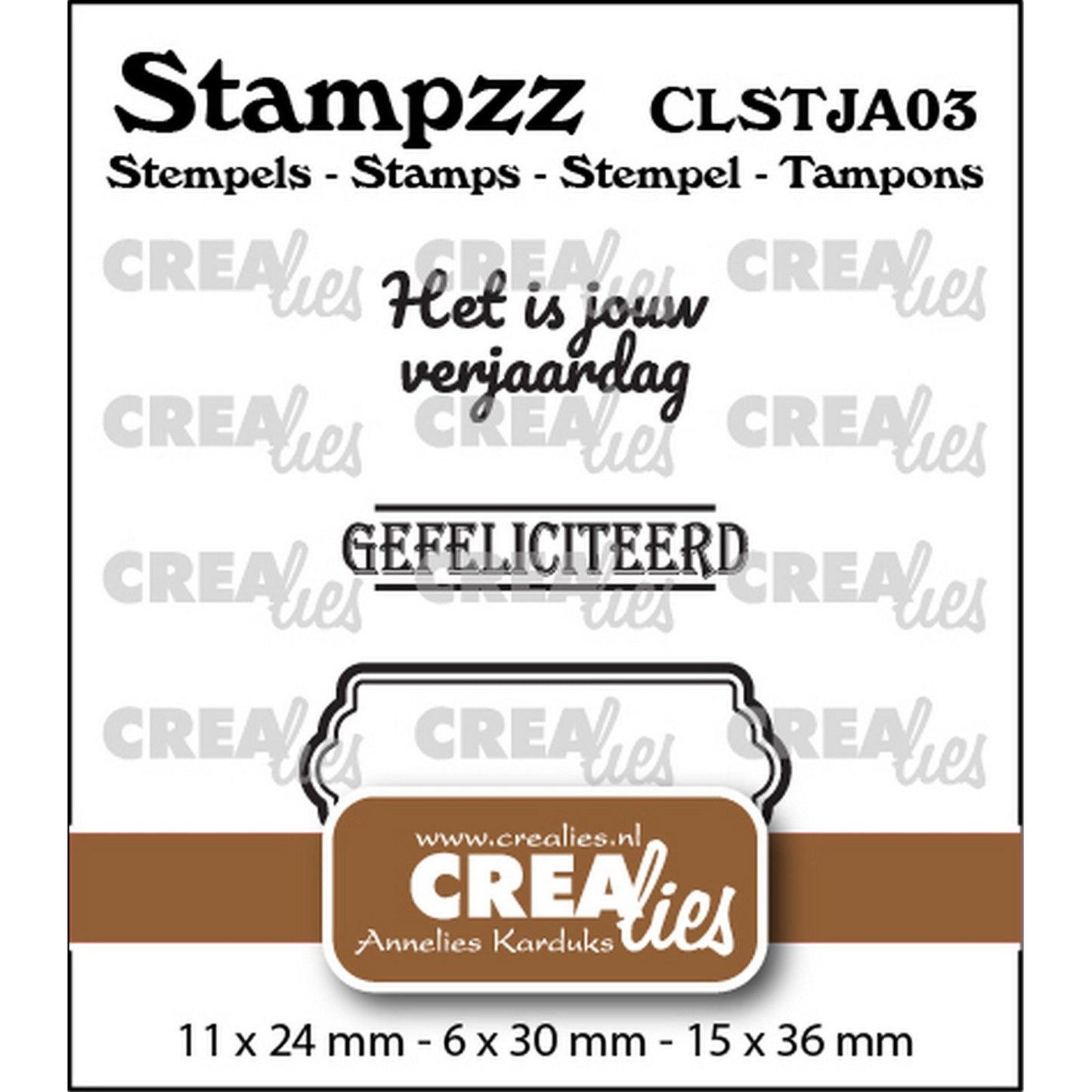 Crealies • stampzz stempelset jarig 03: 2 teksten + 1 tag label