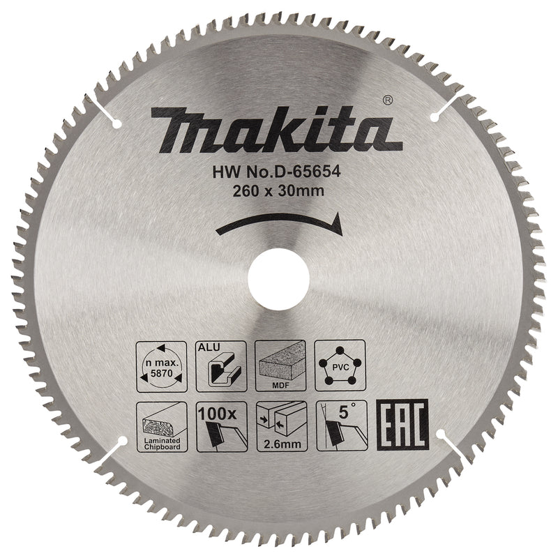 Makita accessoires d-65654 afkortzaagblad | div. materialen | 260x30x2,6 | 100t | 5g - d-65654