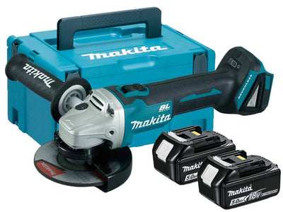 Makita dga506rtj 18v haakse slijper 125mm 5,0ah accu (2 st), snellader, mbox, met vastzetschakelaar