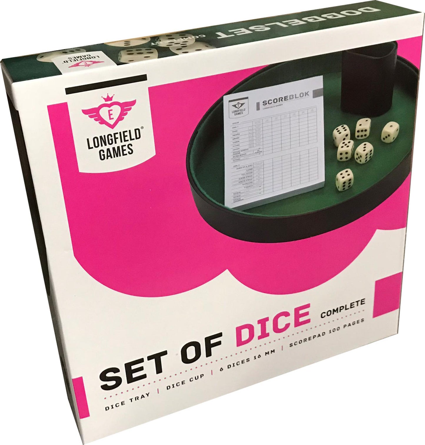 Longfield dobbelset compleet met 6 dobbelstenen, pokerpiste, scoreblok, dobbelbeker