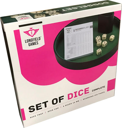 Longfield dobbelset compleet met 6 dobbelstenen, pokerpiste, scoreblok, dobbelbeker