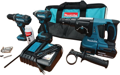 Makita dlx3089t combiset - dhp482 klopboormachine + dtd153 slagschroevendraaier + dhr243 boorhamer 18v 5,0 ah accu (2 st) in tas