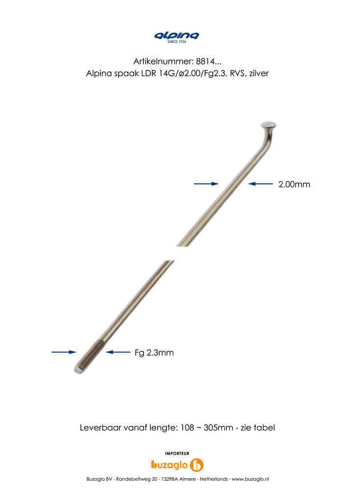 Buzaglo spaken 286-14 alpina ø2.00mm fg 2.3 rvs - zilver (144 stuks) 1