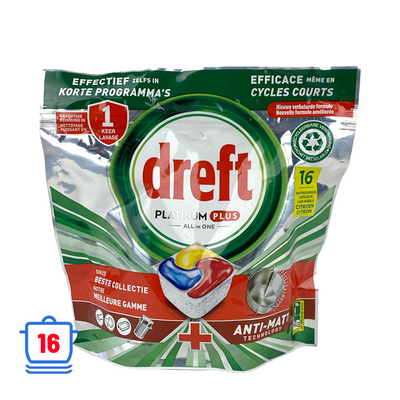 Dreft vaatwastabletten platinum plus all in one anti-matt lemon 16 stuks