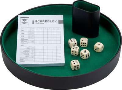 Longfield dobbelset compleet met 6 dobbelstenen, pokerpiste, scoreblok, dobbelbeker