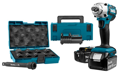 Makita dtw190jx1 18v slagmoersleutel 190 nm | 3,0 ah accu (2 st), lader, mbox - met 10-delige accessoire set