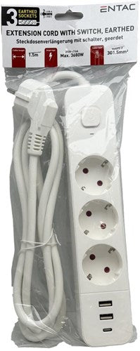 Enzo entac tcd ra 3v 1,5m snoer met 2xusb en 1xusb-c +schakelaar wit - 6872630