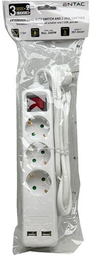 Enzo entac tcd ra 3v 1,5m snoer met 2xusb +schakelaar wit - 6872632