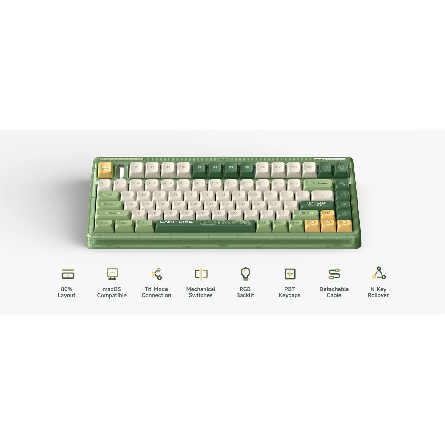 Iqunix og80 camping wireless mechanical keyboard (groen, us lay-out (qwerty), cherry mx red, 80% (tkl), rgb leds, hot-swappable, pbt, 2.4ghz | bluetooth 5.1 | usb-c)
