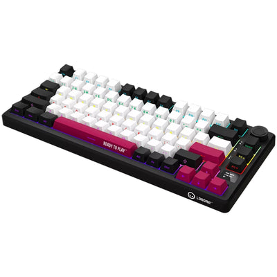 Lorgar kbp7075w, gaming toetsenbord (zwart, us lay-out, logar toxic purple, 75%, rgb, hot-swappable, pbt double-shot, bluetooth 2.4ghz usb)