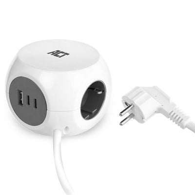 Act connectivity stekkerdoos kubus met 3 stopcontacten, 30w power delivery usb-c a poorten, kabellengte 1,5m stekkerdoos (wit, type f)