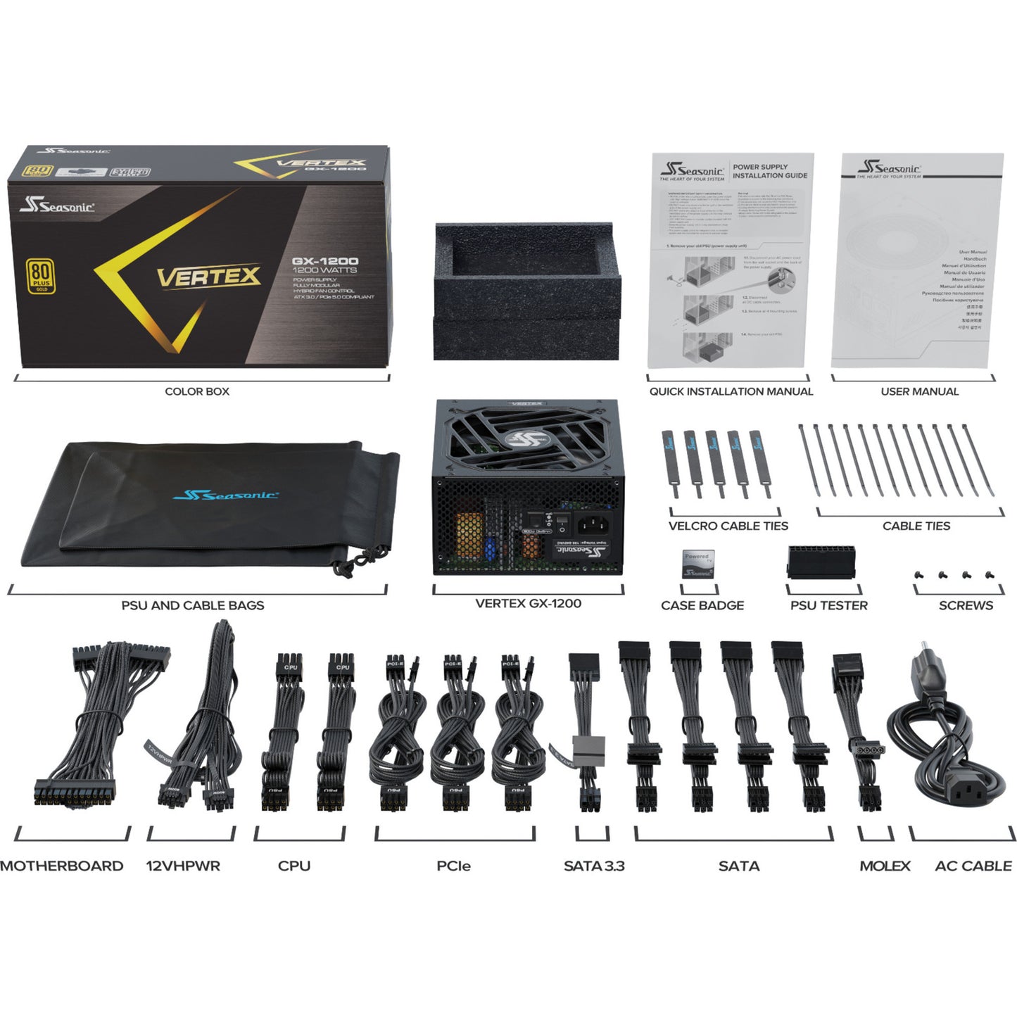 Seasonic vertex gx-1200 modulaire 1200 watt voeding (zwart, 1x 12v-2x6, 3x pcie)