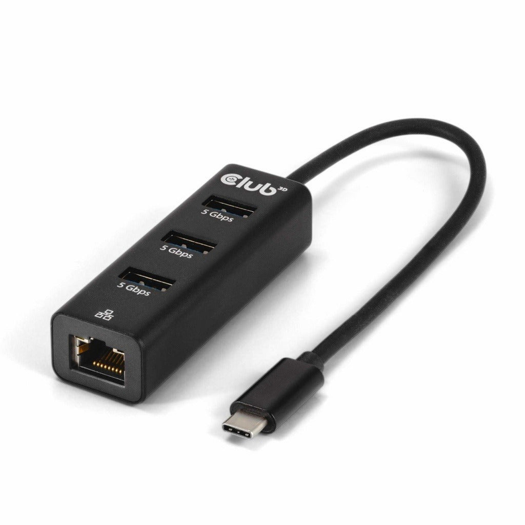 Club 3d usb‑c 3.2 gen 1 naar 3x usb‑a + ethernet dockingstation (zwart)