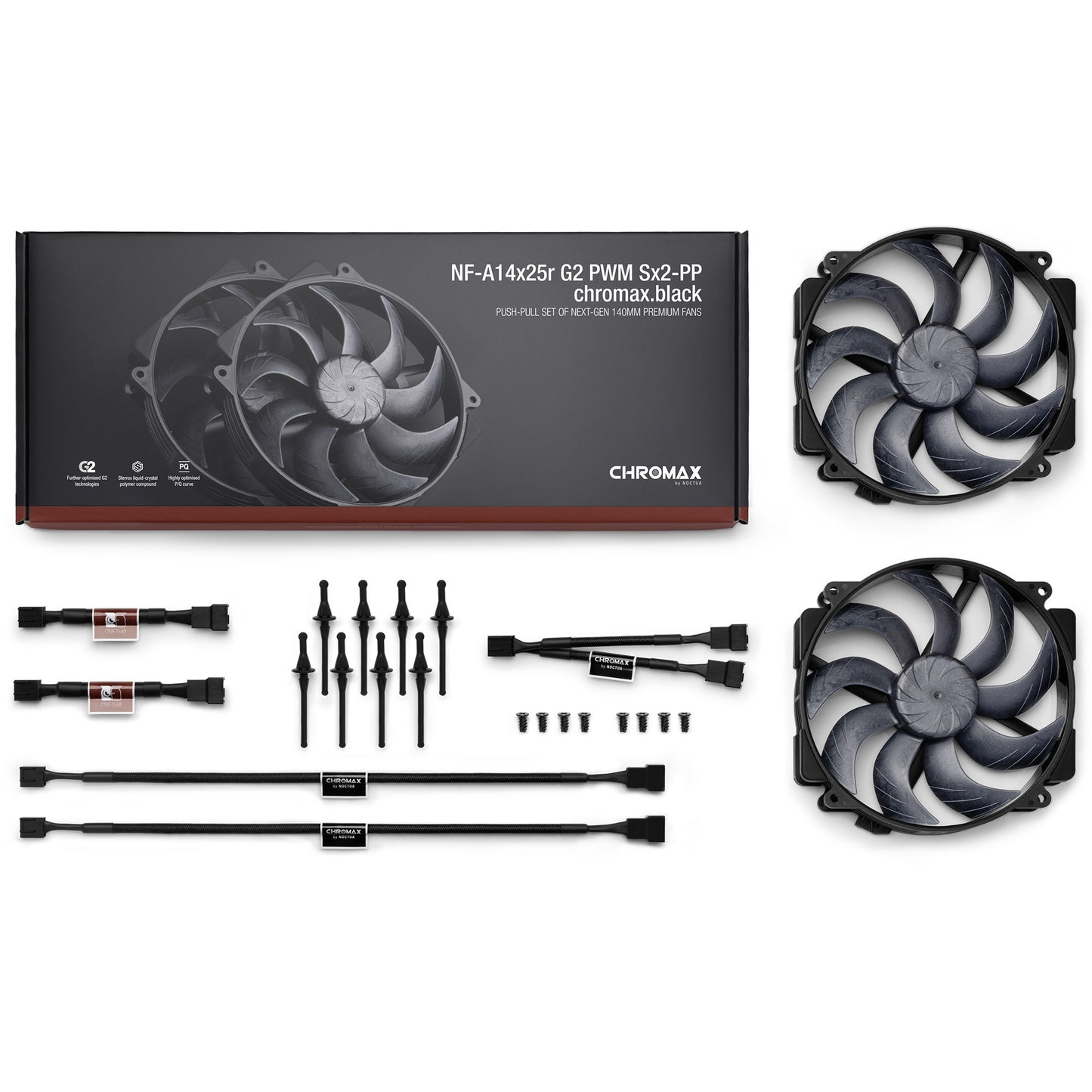 Noctua nf-a14x25r g2 pwm sx2-pp chromax.black case fans (zwart, 2 stuks, 140 x 140 x 25 mm)