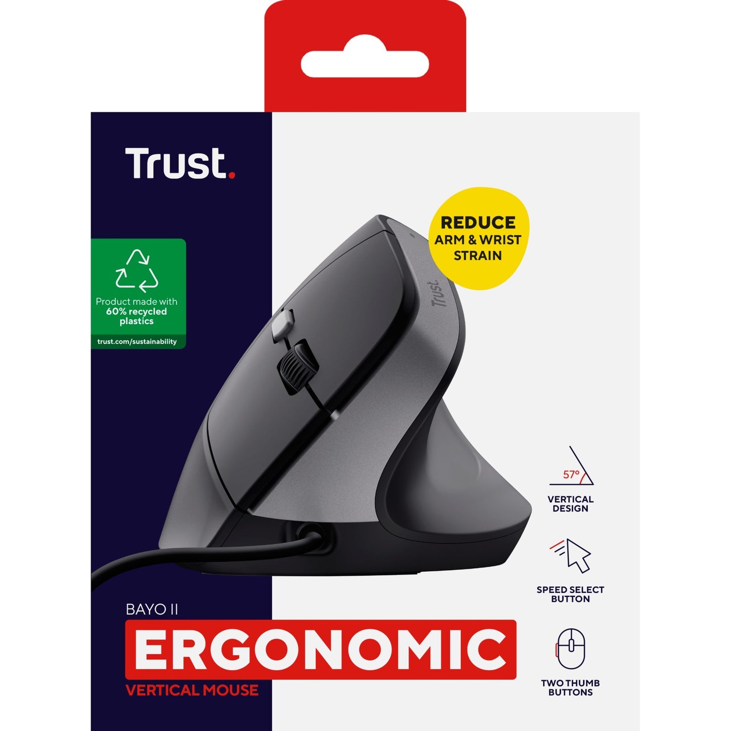 Trust bayo ii bedrade ergonomische muis (zwart, 800 dpi - 2400 dpi)