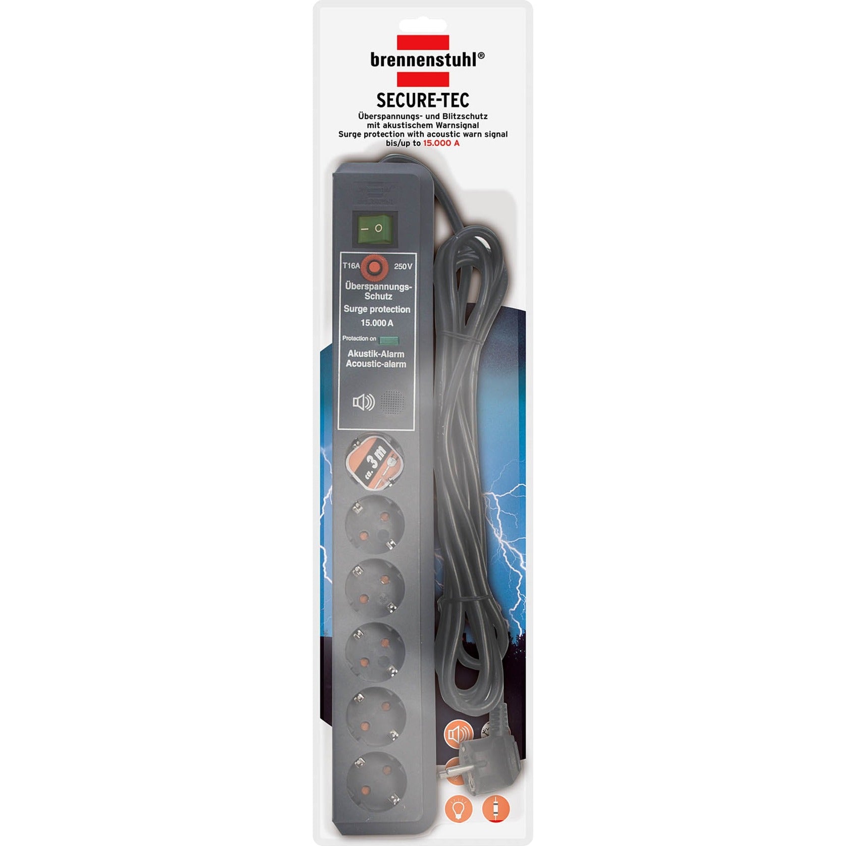 Brennenstuhl secure-tec 19.500a stekkerdoos met overspanningsbeveiliging, akoestisch 6-voudig antraciet 3m h05vv-f 3g1,5