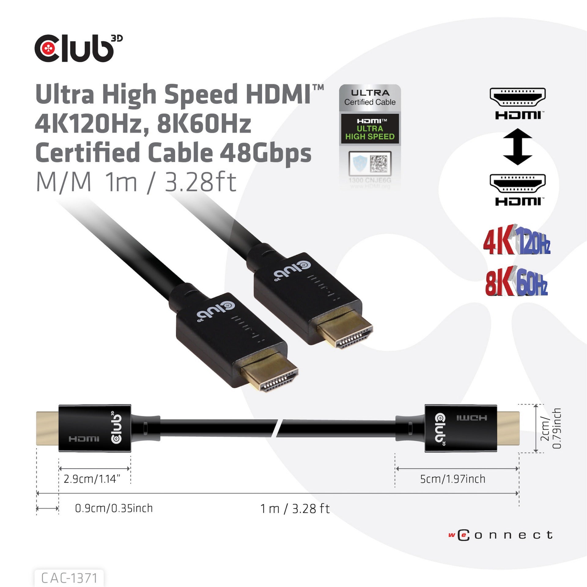 Club 3d gecertificeerde ultra high speed hdmi 2.1 kabel (zwart, 1 meter, 8k)