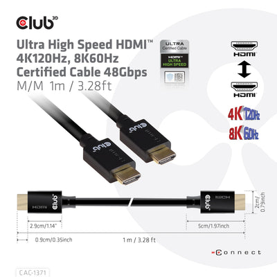 Club 3d gecertificeerde ultra high speed hdmi 2.1 kabel (zwart, 1 meter, 8k)