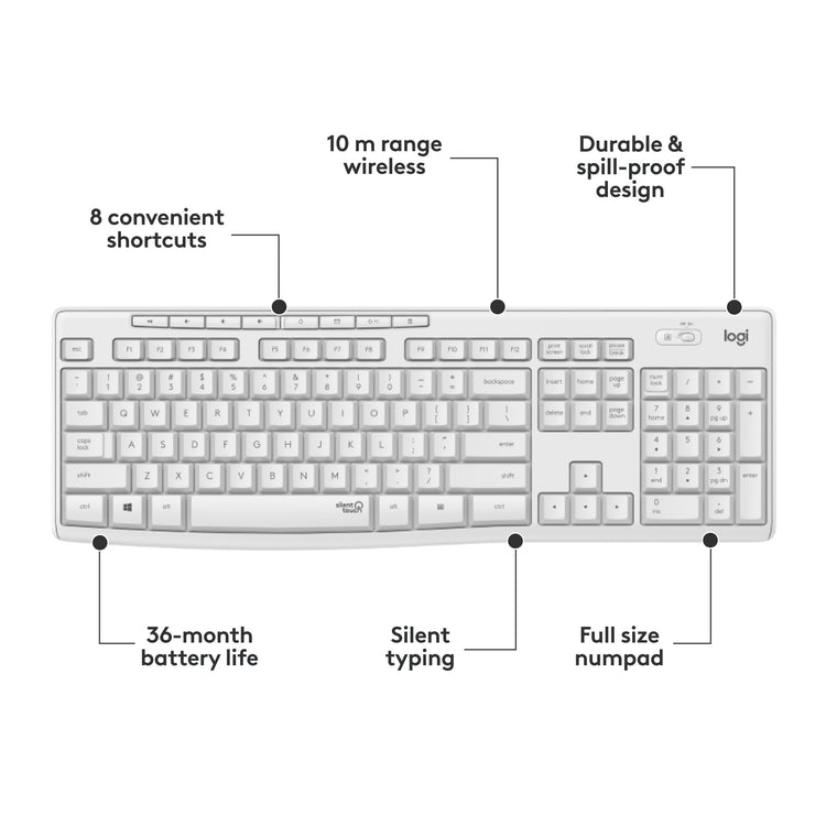 Logitech mk295 silent wireless keyboard and mouse combo desktopset (grijs, us-international lay-out (qwerty), 100%)