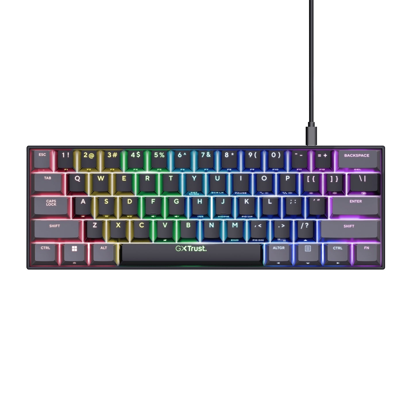 Trust gxt 867 acira 60% mini mechanisch gaming toetsenbord (zwart, us lay-out (qwerty), outemu red, 60%, rgb)