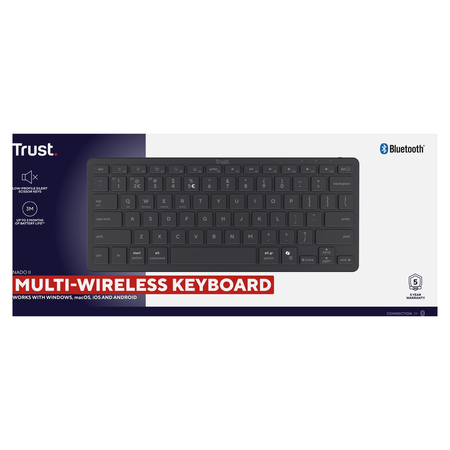 Trust nado ii bluetooth-toetsenbord (zwart, us lay-out (qwerty), scissor switches, 80% (tkl), bluetooth)