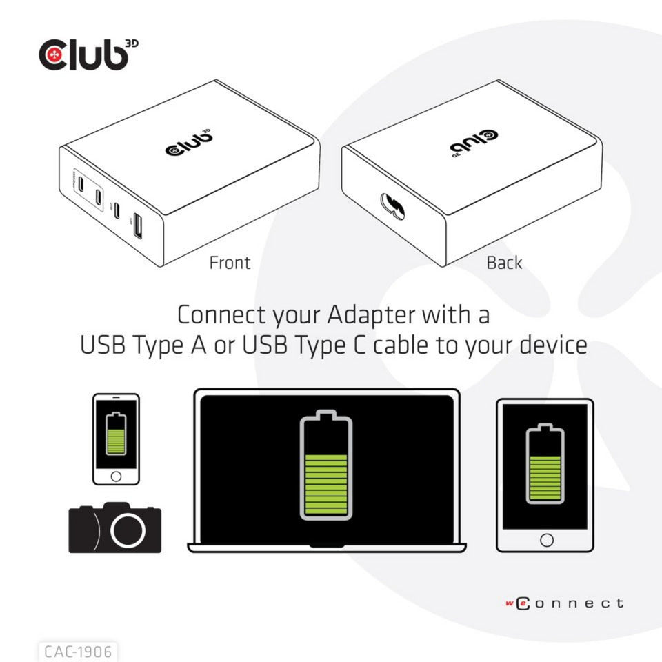 Club 3d travel charger 132w gan technology (zwart, usb-a, usb-c, power delivery (pd) 3.0)