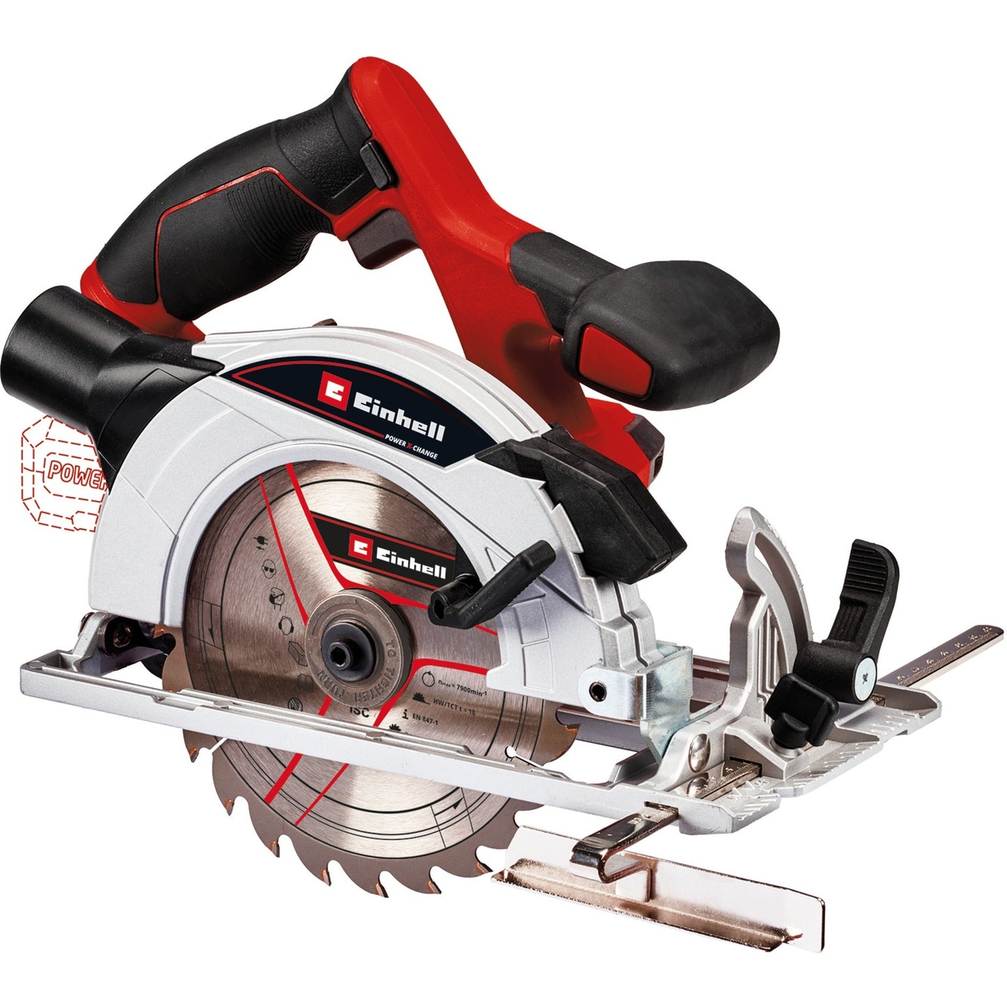 Einhell accu cirkelzaag te-cs 18 165-1 li solo - power x-change - 18 v li-ion - 4.200 t min - ø165x20 mm 18 t - max. zaagdiepte: 90° 45°: 54 35 mm - excl. accu en lader