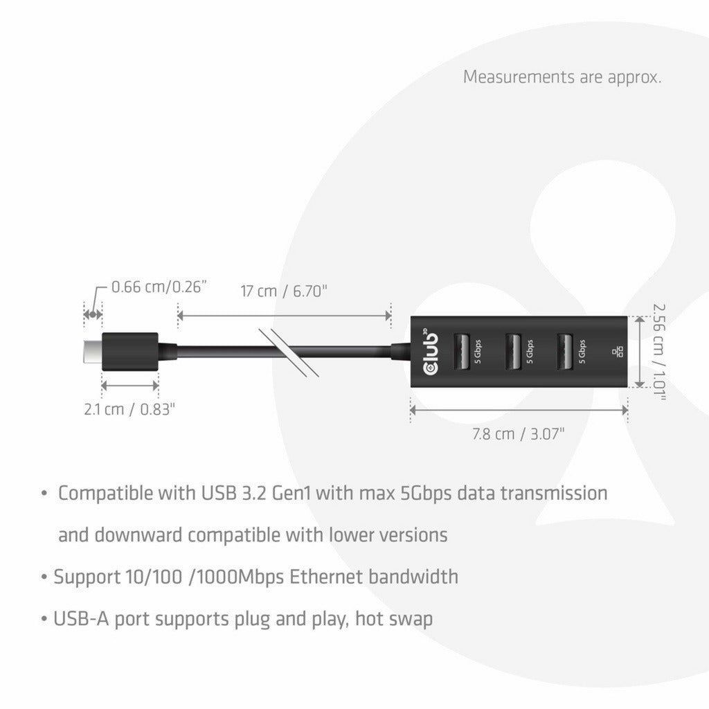 Club 3d usb‑c 3.2 gen 1 naar 3x usb‑a + ethernet dockingstation (zwart)