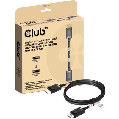 Club 3d gecertificeerde displayport 2.1 kabel (zwart, 1,6 meter, 10k)