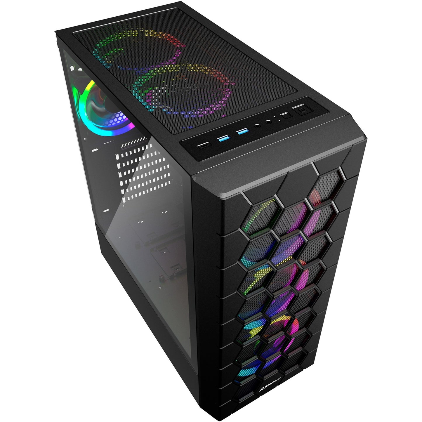 Sharkoon rgb hex midi tower behuizing (zwart | 2x usb-a | 1x usb-c | rgb | tempered glass)