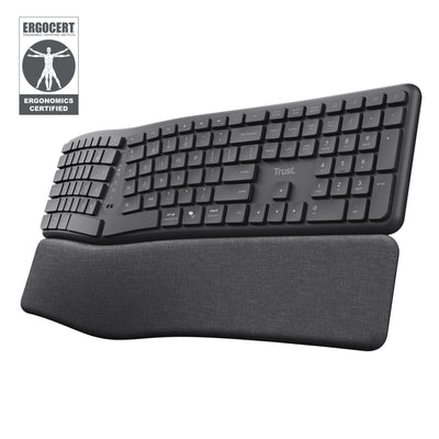 Trust keyra ergonomisch draadloos toetsenbord (zwart, us lay-out (qwerty), 100%, 2.4 ghz usb | bluetooth)