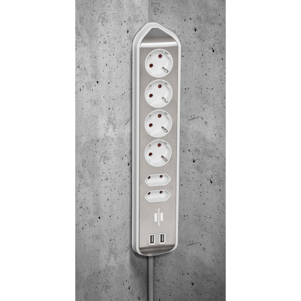Brennenstuhl estilo hoekstopcontact 4-voudig met usb-oplaadfunctie stekkerdoos (wit roestvrij staal)