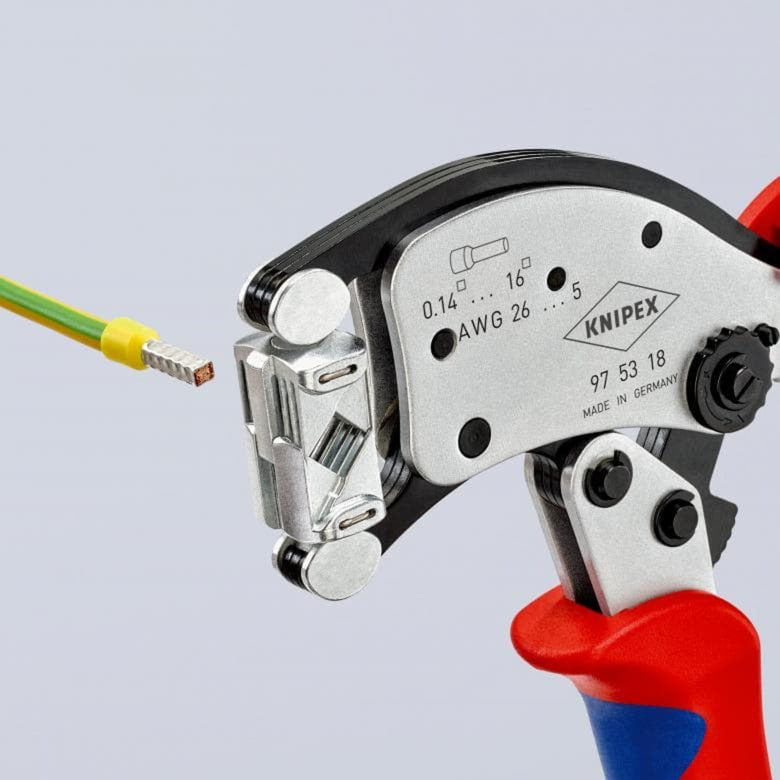 Knipex twistor 16 zelfinstellende krimptang voor adereindhulzen (rood blauw, met draaibare krimpkop)