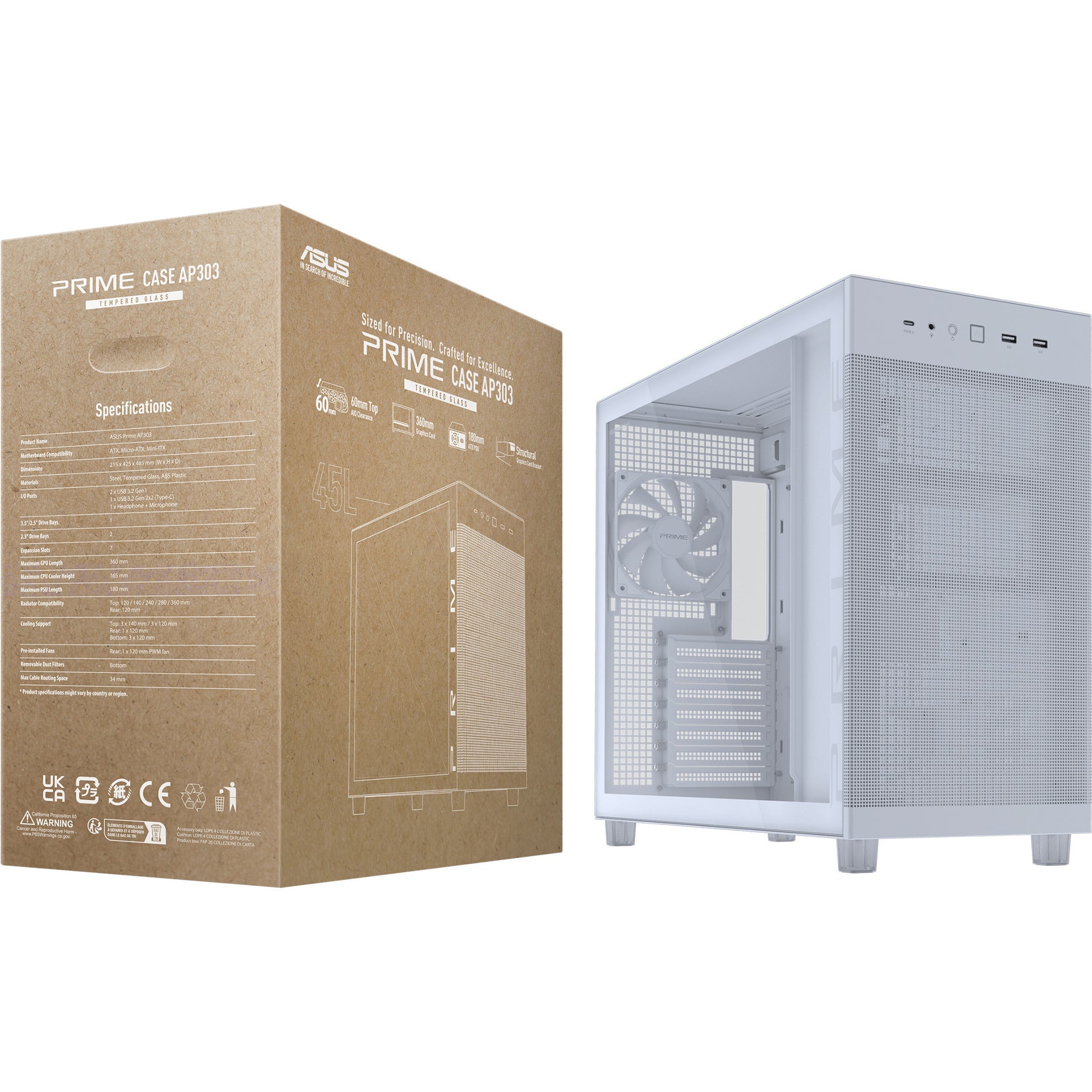 Asus prime ap303 - tempered glass panel midi tower behuizing (wit | 2x usb-a | 1x usb-c | tempered glass)