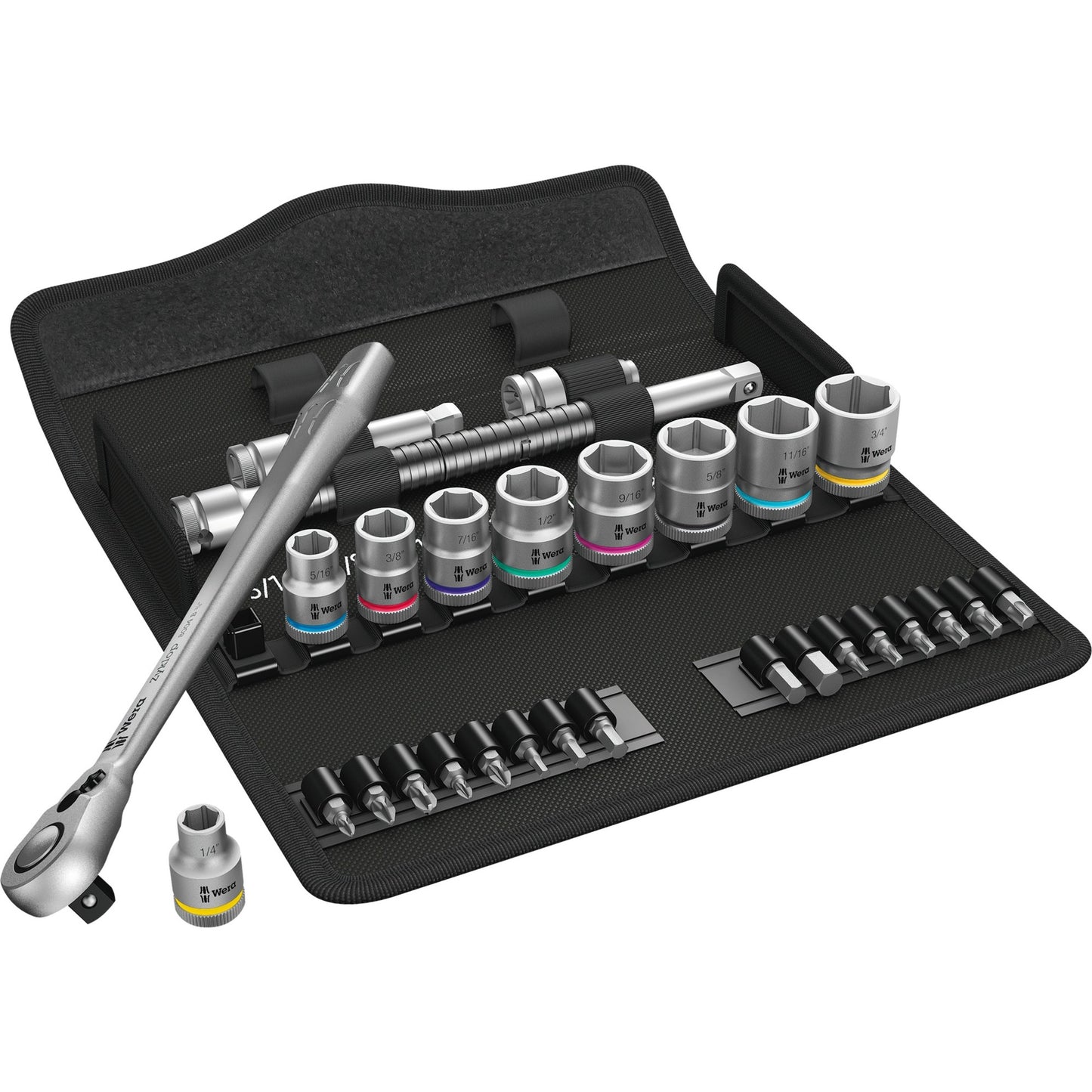 Wera 8100 sb 11 zyklop metalen ratelset, 3 8 gereedschapsset (zwart groen, 29-delig, volledig metalen ratel met vierkantaandrijving)