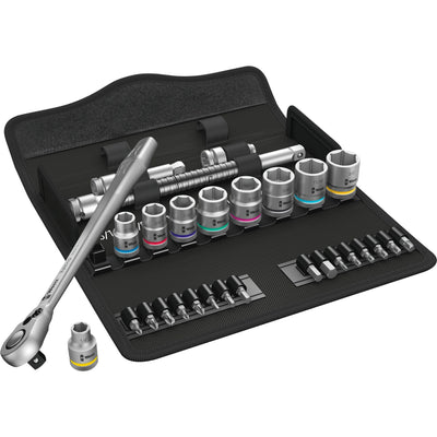 Wera 8100 sb 11 zyklop metalen ratelset, 3 8 gereedschapsset (zwart groen, 29-delig, volledig metalen ratel met vierkantaandrijving)