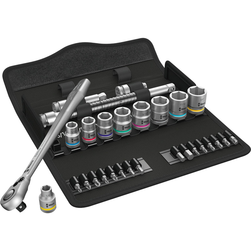 Wera 8100 sb 11 zyklop metalen ratelset, 3 8 gereedschapsset (zwart groen, 29-delig, volledig metalen ratel met vierkantaandrijving)