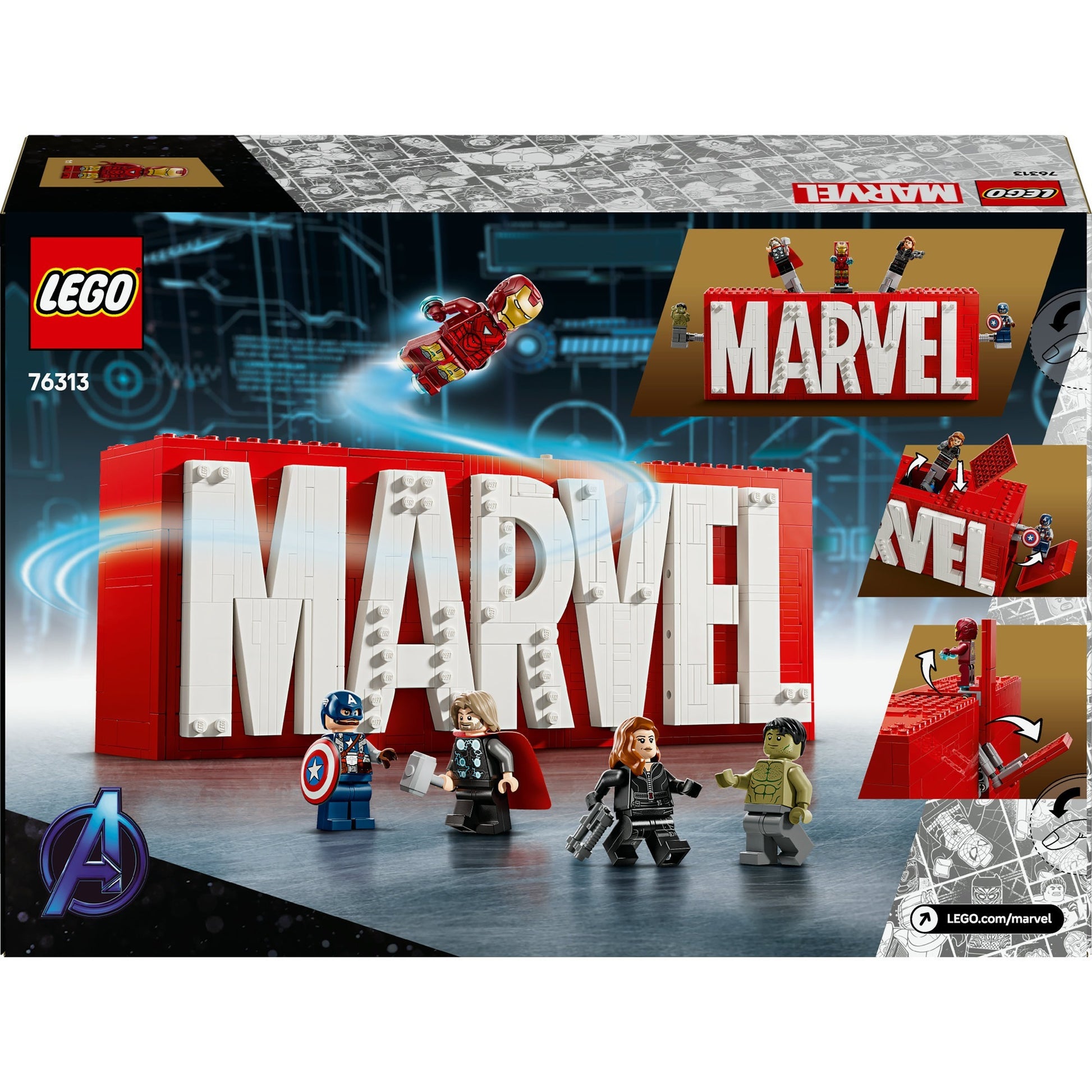 Lego super heroes 76313 marvel logo en minifiguren