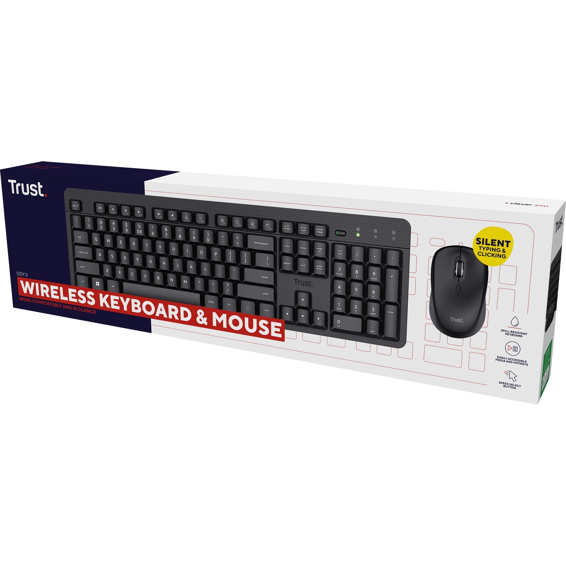 Trust ody ii stille draadloze toetsenbord- en muisset desktopset (zwart, us lay-out (qwerty), membraan, 100%, 800 dpi - 1.600 dpi)